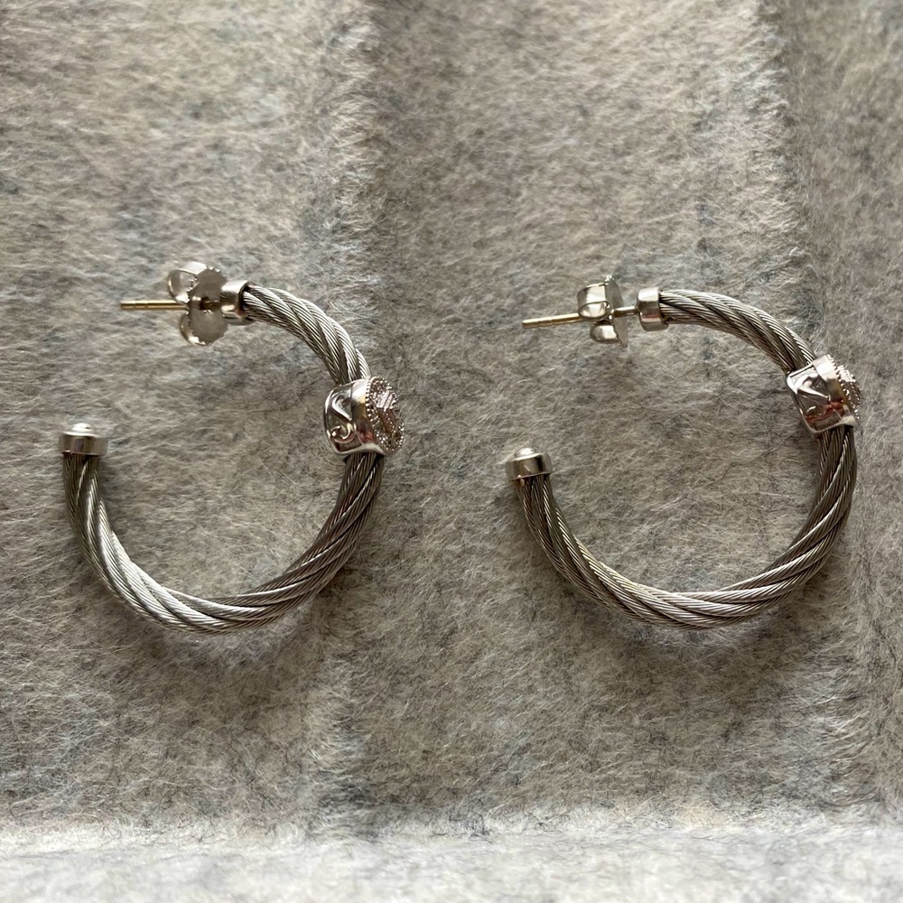 Charriol 18K wt gold diamond steel cable earrings